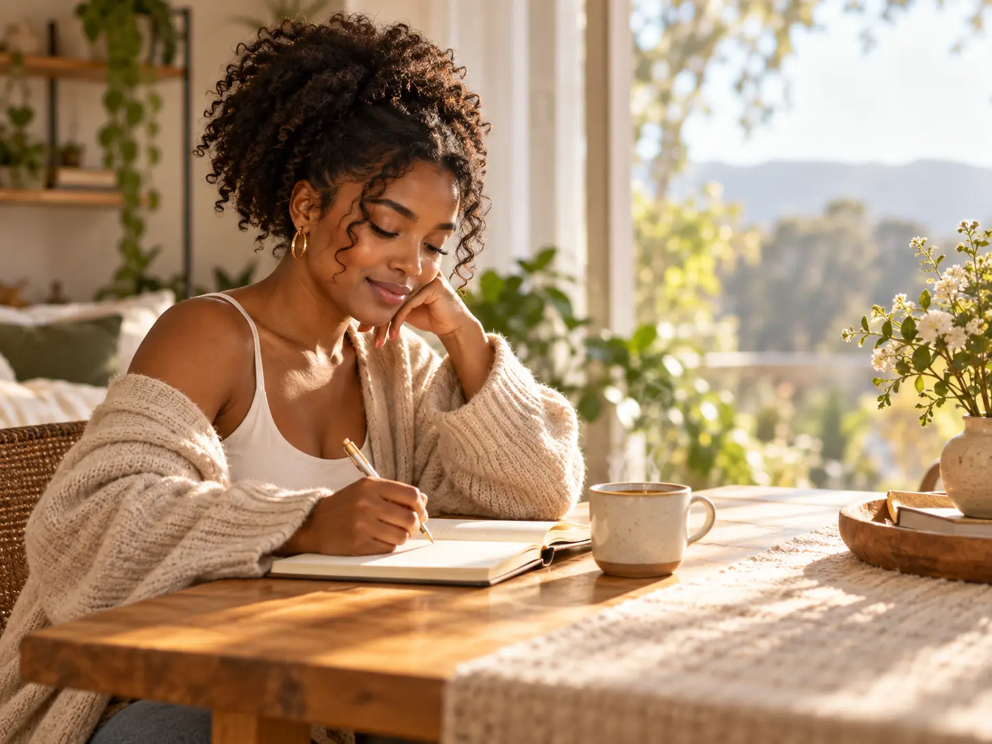 Woman journaling at a sunlit table