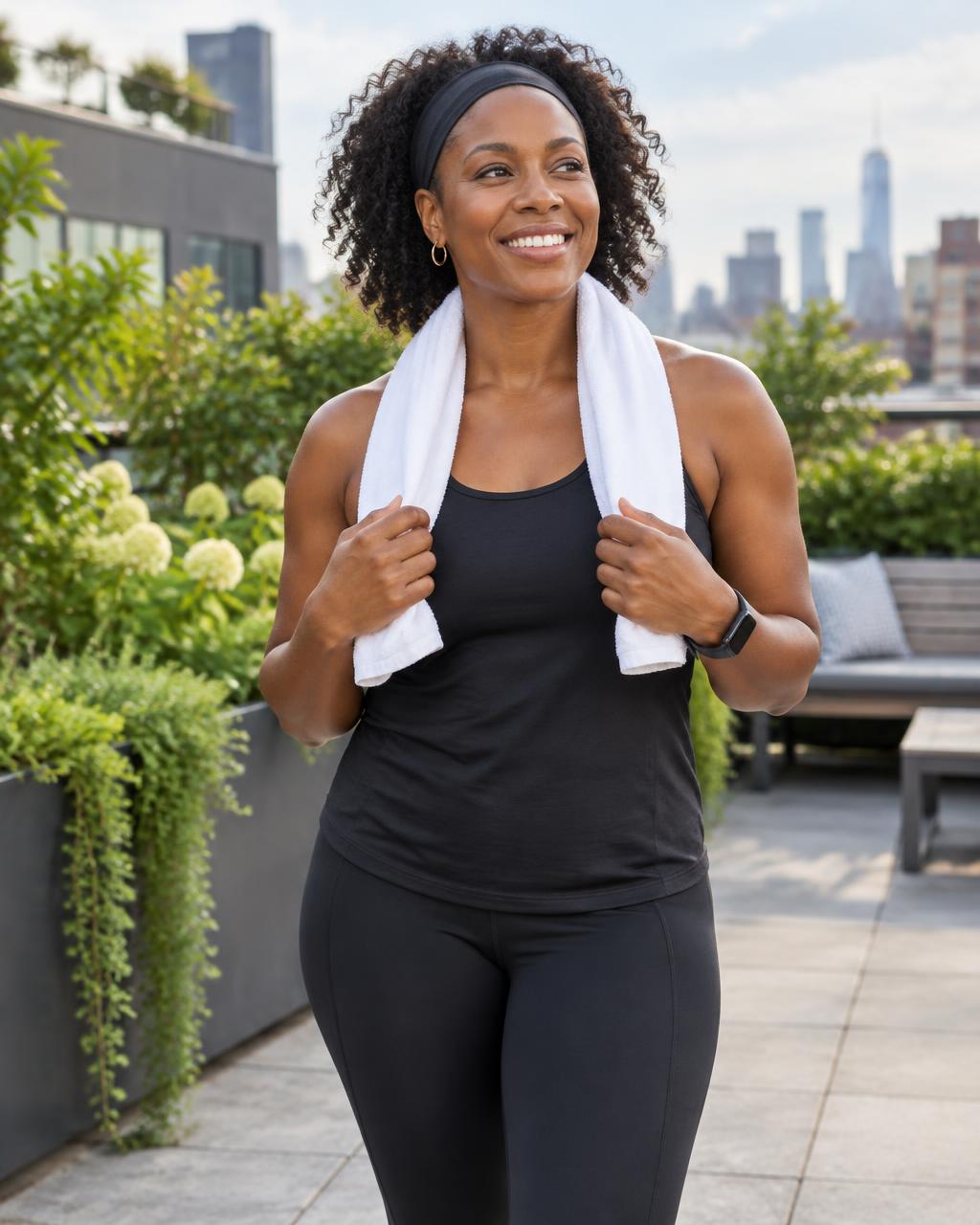 Smiling woman with a towel after a rooftop walk